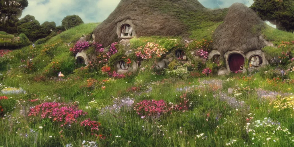 Image similar to a film still of a house from howl's moving castle!!!!! of hobbiton, light bloom, studio ghibli!!!!!