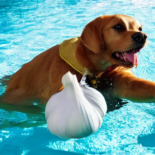 Image similar to dog-garlic spewing fire from his mouth while in the pool