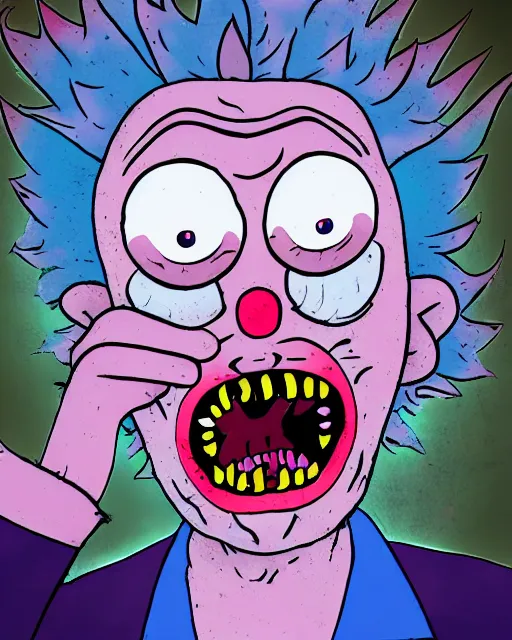 Prompt: portrait of an ugly old possessed crying clown in the style of justin roiland. ugly, creepy, demonic, horror. cinematic lighting. style of rick & morty. photographic, photography. by justin roiland