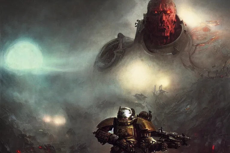 Prompt: futuristic battlefield, warhammer, space marines portrait, gloomy, epic, digitally painted by beksinski, centered, golden ratio