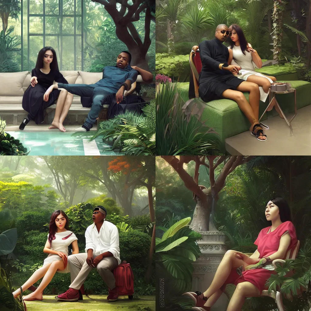 Prompt: Nas sitting next to JayZ in a lush singaporean garden, luxurious, octane render, smooth, sharp focus, illustration, by WLOP and Mandy Jurgens and William-Adolphe Bouguereau, Artgerm