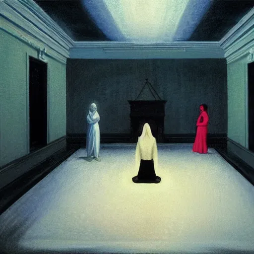 Image similar to a cult summoning a glowing ghost at night in the world of Edward Hopper, black robes, church, stormy snowy weather, extremely detailed masterpiece, oil on canvas, low-key neon lighting, artstation, Blade Runner 2049, Roger Deakin’s cinematography, by J. C. Leyendecker and Peter Paul Rubens,