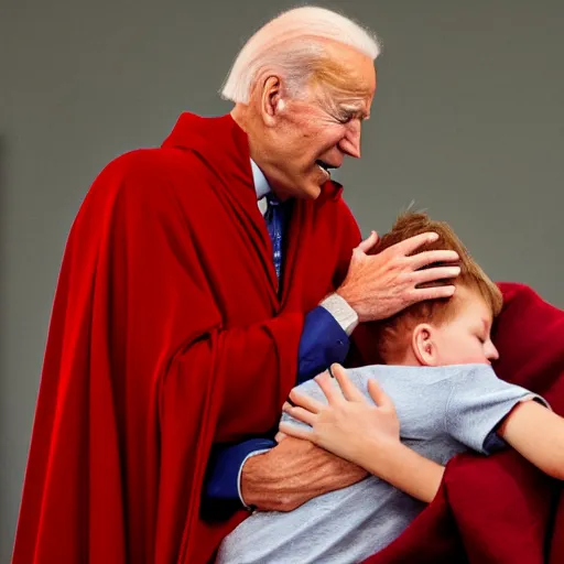 Prompt: joe biden wearing a red cloak and praying next to a sleeping young boy