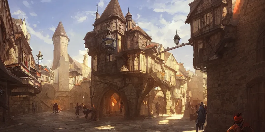 Prompt: low angle medieval port town, no people, pokemon sword and sheild, bright future, social realism, highly detailed, digital painting, artstation, concept art, matte, sharp focus, illustration, art by artgerm and greg rutkowski and alphonse mucha
