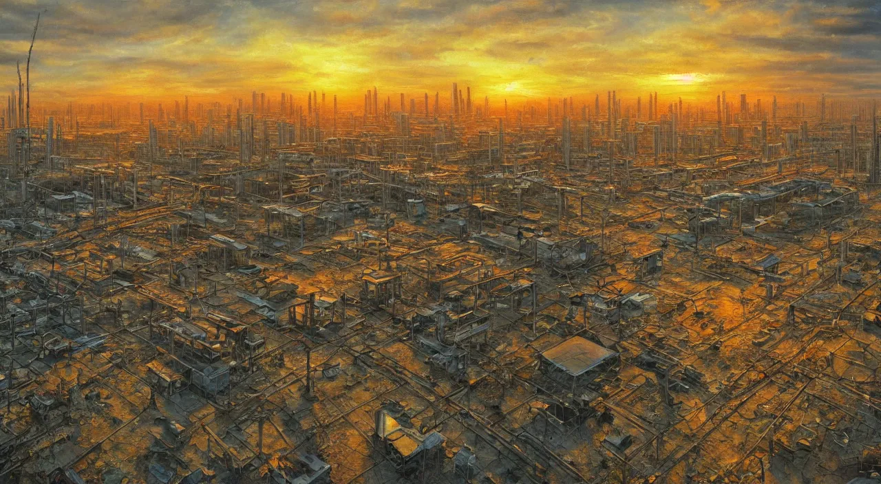 Prompt: a Stunning oil painting of Pripyat,sunset,hyper detailed,Masterpieces,8K Resolution
