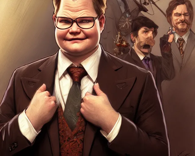 Image similar to close up of andy richter wearing a brown suit and necktie, focus, d & d, intricate, elegant, highly detailed, digital painting, artstation, concept art, matte, sharp focus, illustration, hearthstone, art by artgerm and greg rutkowski and alphonse mucha