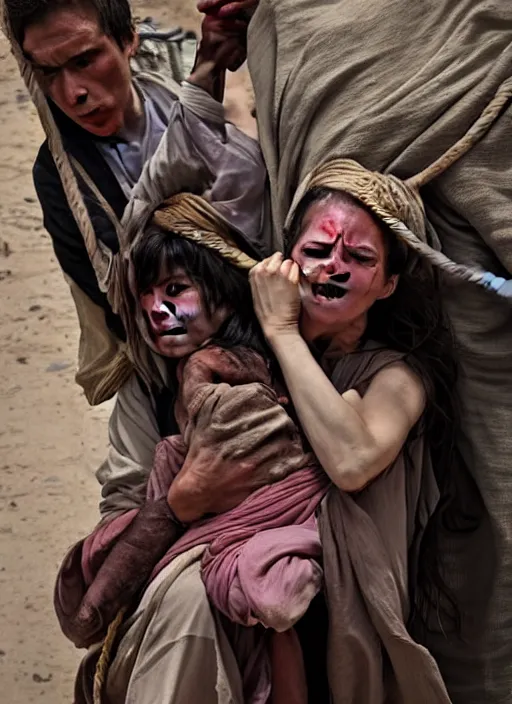 Image similar to angry, taliban, woman, rope, tears, child, baby, dust, suicide. highly details, 8 k, uhd, most incredible modern photography, best photos of the year, depth of anatomy detailed, pulitzer, pinterest, anna forsterling, saul bromberger, hoang long ly, yulia nevskaya, suzanne engelberg, dale odell,