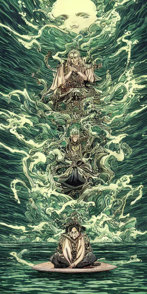 Image similar to a lone emperor sitting on a emerald throne floating on water in the middle of a lake drawn by Makoto Yukimura in the style of Vinland saga anime, full color, detailed, psychedelic, Authority, structure, a father figure, tarot card