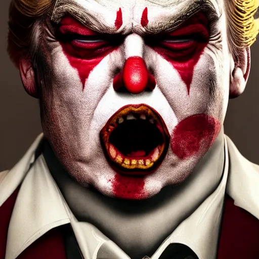 Prompt: donald trump as a joker - clown! in gears of war, splash art, movie still, cinematic lighting, ray tracing, detailed joker - clown face!, octane render, long lens, shallow depth of field, bokeh, anamorphic lens flare, 8 k, hyper detailed, 3 5 mm film grain