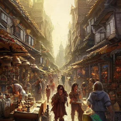 Image similar to a busy fantasy street market from within a beautiful and ornate city, hyper realistic digital art, by Sylvain Sarrailh, by Sebastian Luca, by Nicodemus Yang-Mattisson, beautiful painting, detailed, cinematic, great composition, rococo, dungeons and dragons, lord of the rings, artstation