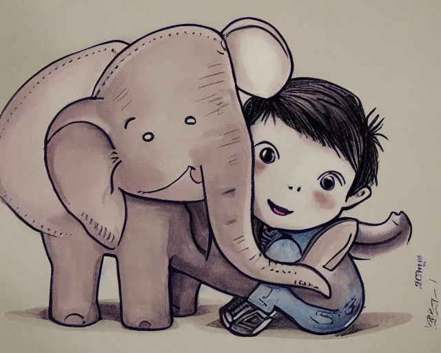 Image similar to a beautiful detailed cartoon portrait of a little boy hugging his elephant pillow, sharp high quality