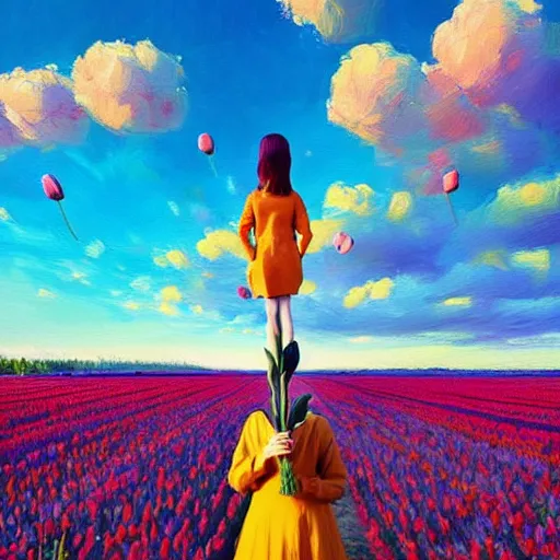 Image similar to girl with a single giant tulip as a head, surreal photography, flower field, sunset dramatic light, impressionist painting, colorful clouds, blue sky, digital painting, artstation, simon stalenhag