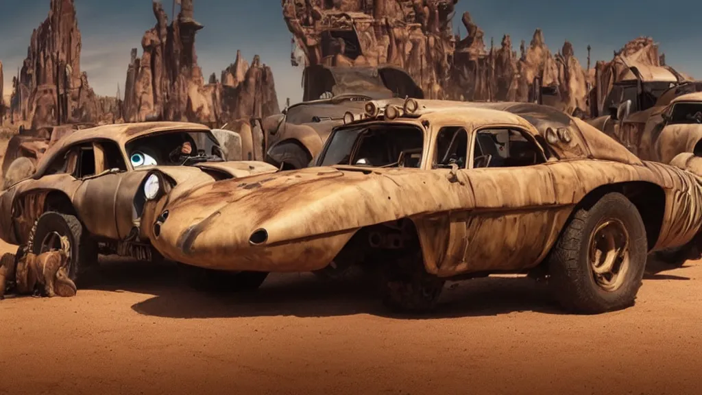 Image similar to mad max cars in a pixar disney movie