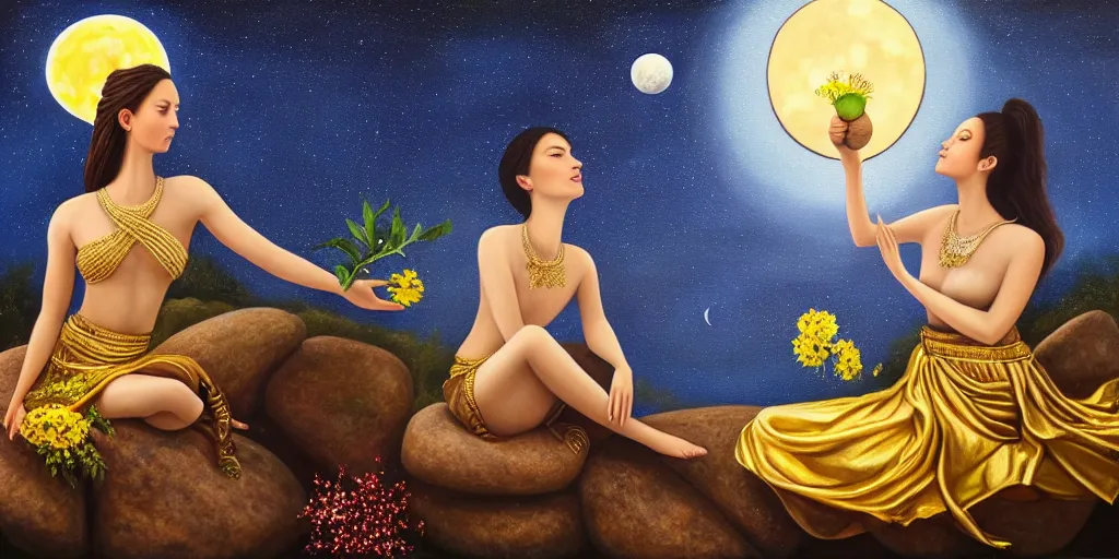 Image similar to very realistic beautiful painting of a goddess wearing a long metallic golden skirt covering her whole body holding flowers and levitating a pear, sun on the left moon on the right as she is sitting on a rock at night time, realistic 8K HD