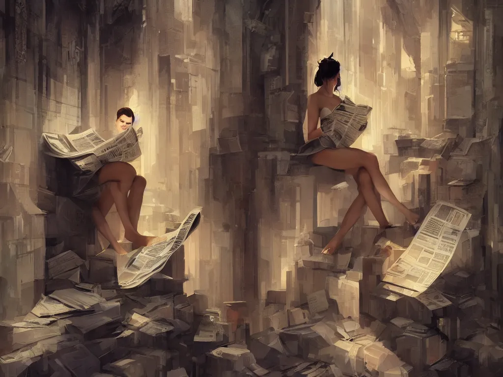 Image similar to seductive goddes reading newspaper in modern city in the style of Durand and greg rutkowski, beautiful, geometric, trending on artstation, cinematic