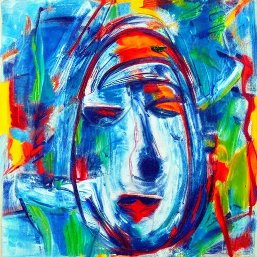 Prompt: chaotic abstract expressionism painting of a face, blue color palette,