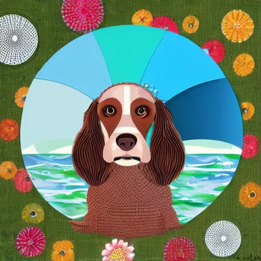 Image similar to cute brown spaniel by the seaside, parasols, bright towels, geometric, pop, bright, artwork