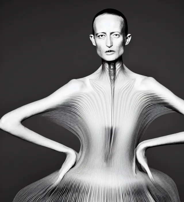 Image similar to photography portrait of one female fashion model wearing fluid sophisticated dress by iris - van - herpen