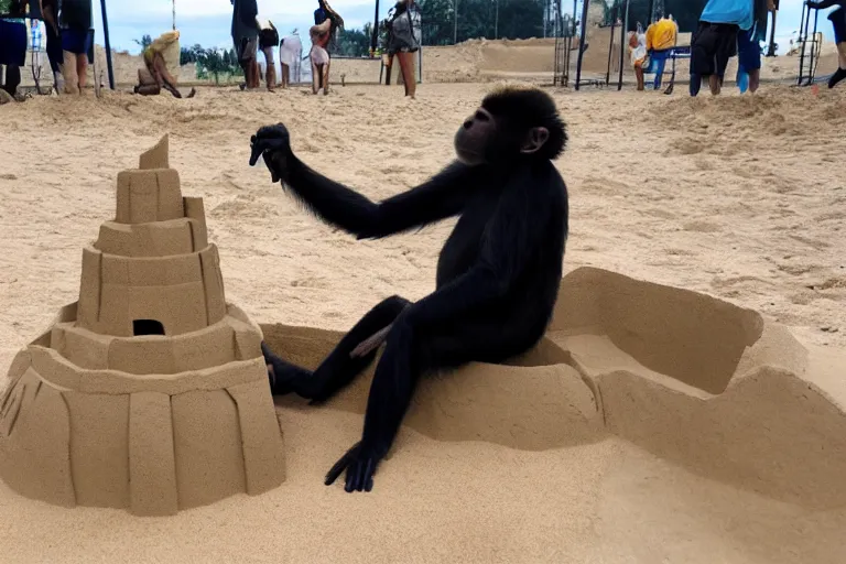 Image similar to a monkey touching a completed sand castle