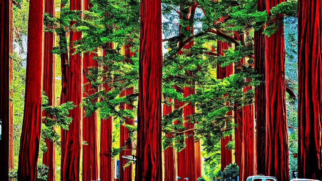 Image similar to Market Street San Francisco lined with Redwood Trees; City in Harmony with Nature; Location: San Francisco, California; retro-natural-futurism; Trees photographed by Neil Burnell