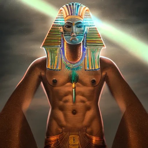 Prompt: egypt god, anubis, light beams, light lines, head, light circles, digital art, artstation, highly detailed, perfect lightning, pyramid, amon ra, crystall