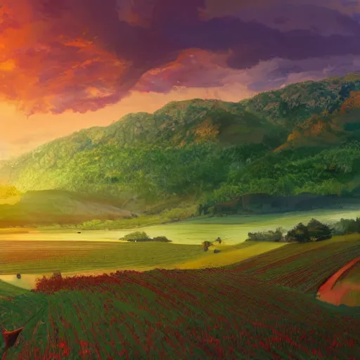 Image similar to A vast green landscape with a river running through it, a small village in the distance and a few mountains in the background. The sun is setting and the sky is ablaze with oranges, reds and yellows. A beautiful, serene and peaceful scene, digital painting, 4k, concept art, artstation, matte painting, by Yuji Kaneko