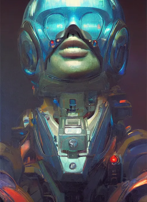 Prompt: portrait of bomba cybersisi, cinematic light, looking to the side off camera, backlight glow, teal orange, mist, by gerald brom, by mikhail vrubel, by alex andreev, by peter elson, muted colors, extreme detail, trending on artstation, 8 k