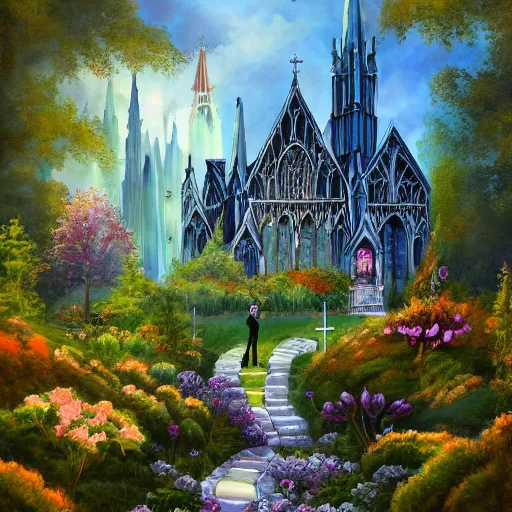 Prompt: a beautiful painting of heaven garden and gothic crystal church by empyrean, alice in wonderland, rendered on artstation,