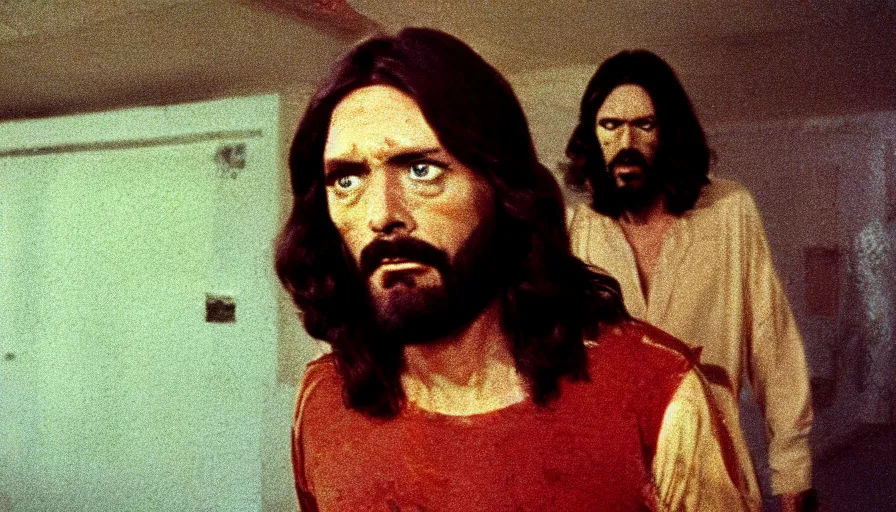 Prompt: 7 0 s film still from a horror movie starring jesus, kodachrome, cinecolor, cinestill, film grain, film texture, retro, cinematic, high resolution, photorealism,