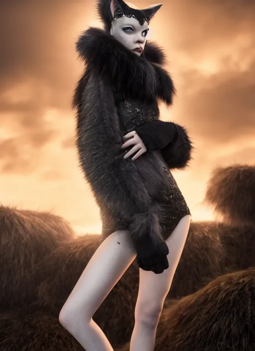 Image similar to full body environmental portrait photo of anya taylor - joy as catgirl, headpiece made from fur, glamour shot by gemmy woud - binnendijk, chris knight, photorealistic, canon r 3, fashion photography, elegant, luxury and elite, symmetry, octane render, unreal engine, solid dark grey background, dramatic lights, high fashion journal cover