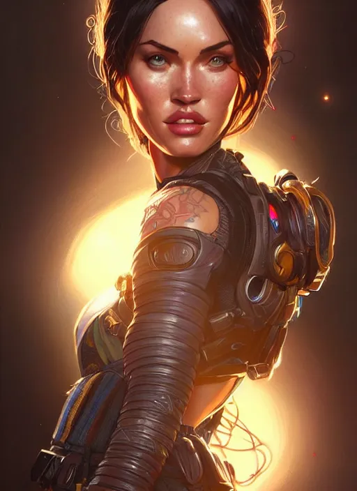 Image similar to portrait of apex legends megan fox, intricate, elegant, glowing lights, highly detailed, digital painting, artstation, glamor pose, concept art, smooth, sharp focus, illustration, art by artgerm and greg rutkowski, artey freytag