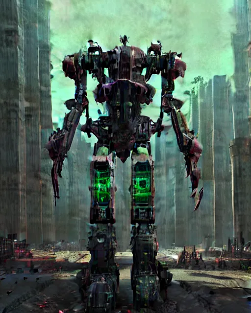 Image similar to hyperrealistic exoskeleton mecha iridescent pink brutalist city ruins background concept art santiago caruso de chirico sharp very dramatic green light 8k low angle shallow depth of field