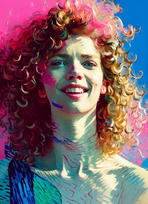 Prompt: portrait of a beautiful sensual woman, curly hair, smiling, ecstatic, dancing, shades of pink and blue, beautiful face, rule of thirds, intricate outfit, spotlight, by greg rutkowski, by jeremy mann, by francoise nielly, by van gogh, digital painting