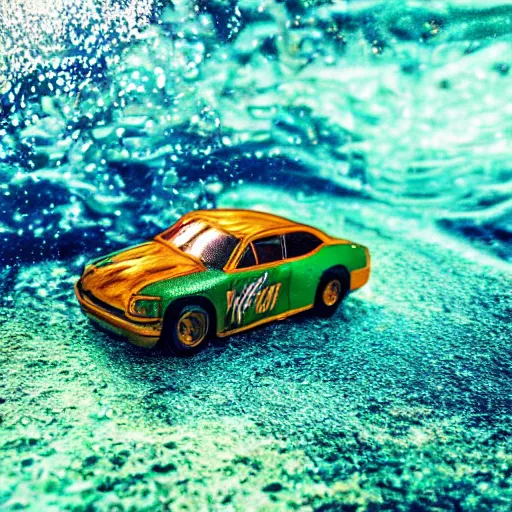 Prompt: 3 5 mm photo of metallic green aquaman car like hot wheels model in a sea underwater as background