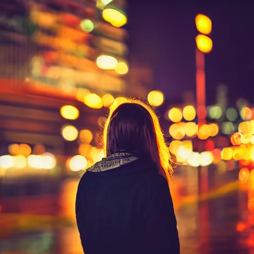 Image similar to award winning photo of a pretty young woman gazing into the distance longingly, she is in the rain at night surrounded by neon lights, bokeh, 5 0 mm, f 1. 8