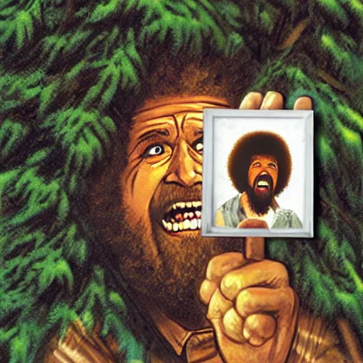 Prompt: bob ross screaming stuck in a tree