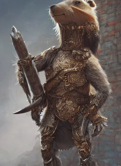 Image similar to detailed concept art illustration painting of an anthropomorphic capybara warrior in full intricate armor, ultra detailed, digital art, octane render, 4K