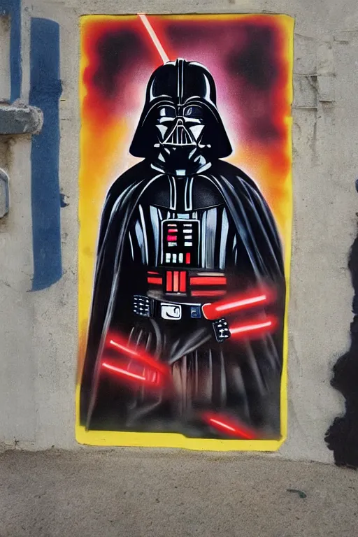 Prompt: darth vader graffiti, tatooine cantina, mos eisley