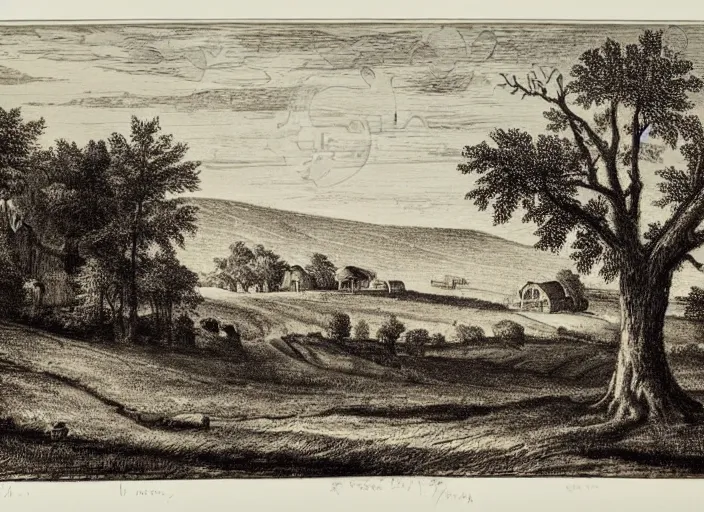 Prompt: a beautiful engraving print on paper of rural landscape with a farm