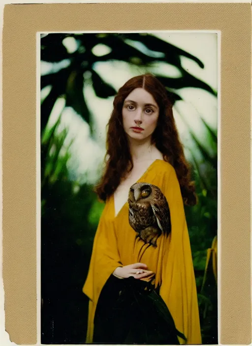 Image similar to Pre - raphaelit grainy head to shoulder portrait Polaroid film photograph of an elegant top model wearing a yellow kimono with a very detailed barn owl on her shoulder!!! in a tropical greenhouse. looking at the camera!!. super resolution. Extremely detailed. Polaroid 600 film.