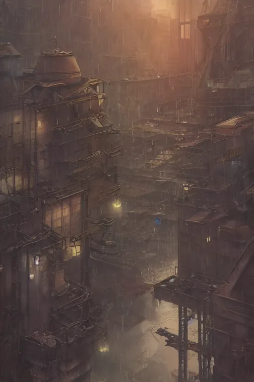 Image similar to a highly detailed matte painting of a soviet steampunk industrial zone in lightning storm and heavy rain by studio ghibli, makoto shinkai, by artgerm, by wlop, by greg rutkowski, volumetric lighting, octane render, 4 k resolution, trending on artstation, masterpiece