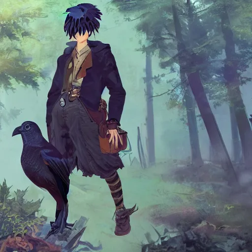 Image similar to concept art painting of a person with a head of a crow, with steampunk clothes, in the deep forest, realistic, detailed, cel shaded, in the style of makoto shinkai and greg rutkowski and james gurney