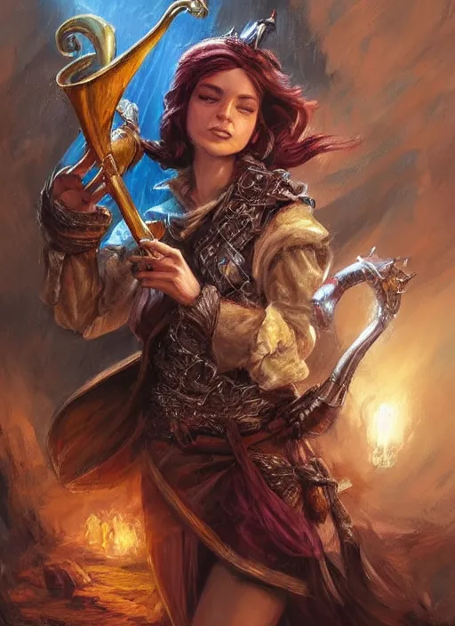 Image similar to female bard playing trumpet, ultra detailed fantasy, dndbeyond, bright, colourful, realistic, dnd character portrait, full body, pathfinder, pinterest, art by ralph horsley, dnd, rpg, lotr game design fanart by concept art, behance hd, artstation, deviantart, hdr render in unreal engine 5