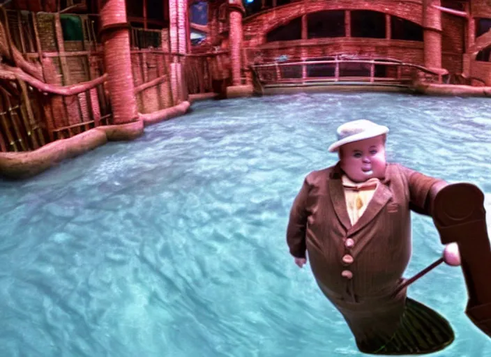 Prompt: grainy security cam footage still of Augustus Gloop in the chocolate river at Willy Wonka's Chocolate Factory, extreme wide angle