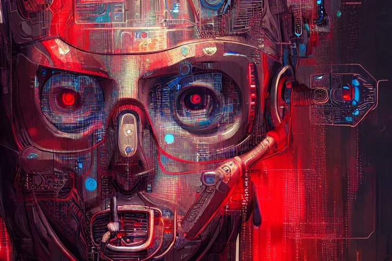 Prompt: a drawing of a robot with a red light on his face, cyberpunk art by android jones, cgsociety, generative art, circuitry, dystopian art, greeble