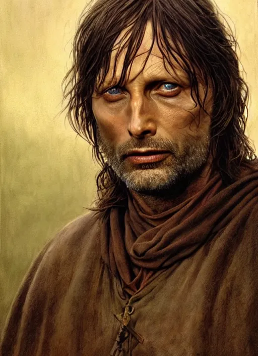 Image similar to Mads Mikkelsen as Aragorn by Alan Lee, medium shot, very detailed eyes, golden hour, concept art, detailed clothing, art station, oil painting