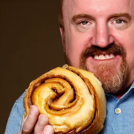 Prompt: louis c k eating a cinnamon roll, extreme close - up, xf iq 4, f / 1. 4, iso 2 0 0, 1 / 1 6 0 s, 8 k, raw, unedited, symmetrical balance, in - frame, sharpened