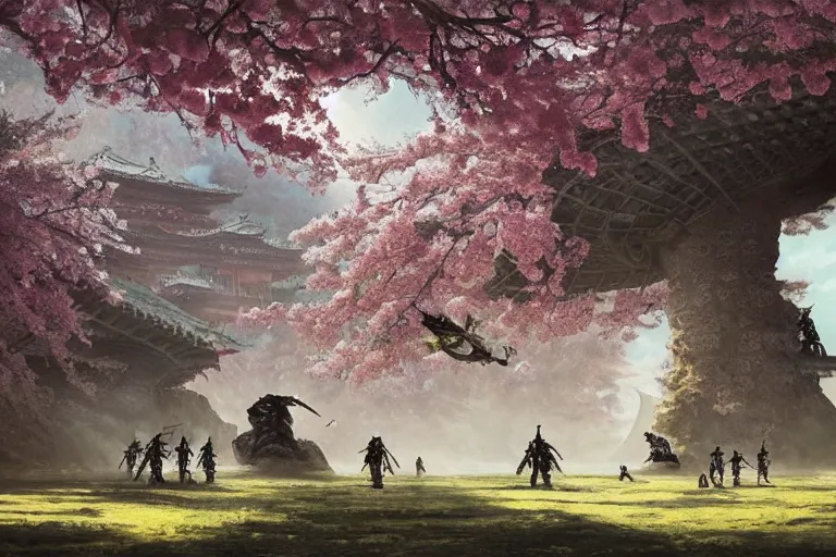 Prompt: aliens brainsuckers fighting samurais, at beautiful picture of sakura in full bloom, palace ，, by greg rutkowski and katsuya terada, trending on artstation