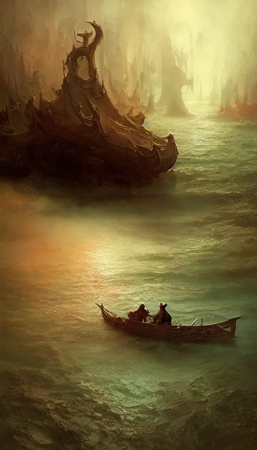 Prompt: man on boat crossing a body of water in hell with creatures in the water, sea of souls, by marc simonetti