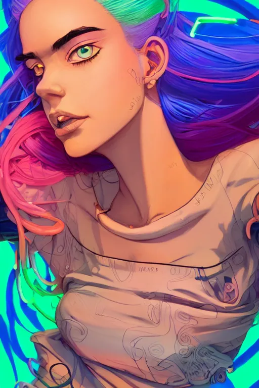 Image similar to a award winning portrait of a beautiful woman with stunning eyes in a one off shoulder croptop and cargo pants with rainbow colored hair, outlined by whirling illuminated neon lines and fine lines swirling in circles by jesper ejsing and rhads and makoto and shinkai and lois van baarle, digital art, trending on artstation